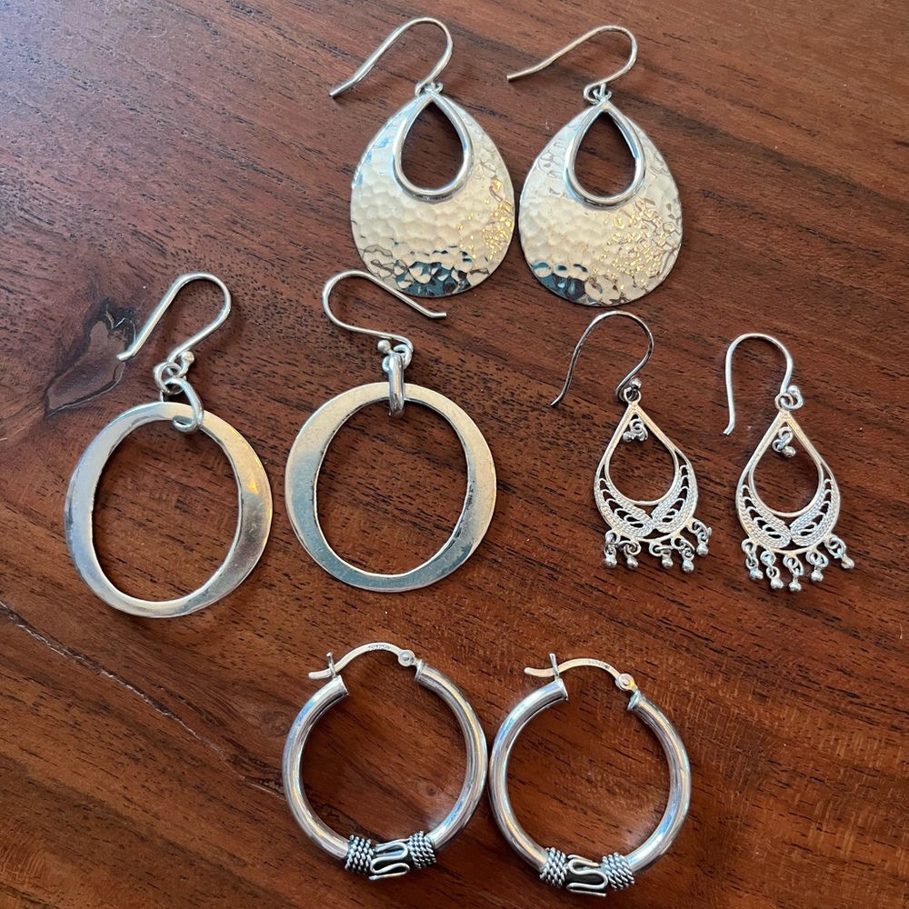 Lot of 4 sets Sterling Silver 14g Dangle Earrings chandelier hammered hoops 925